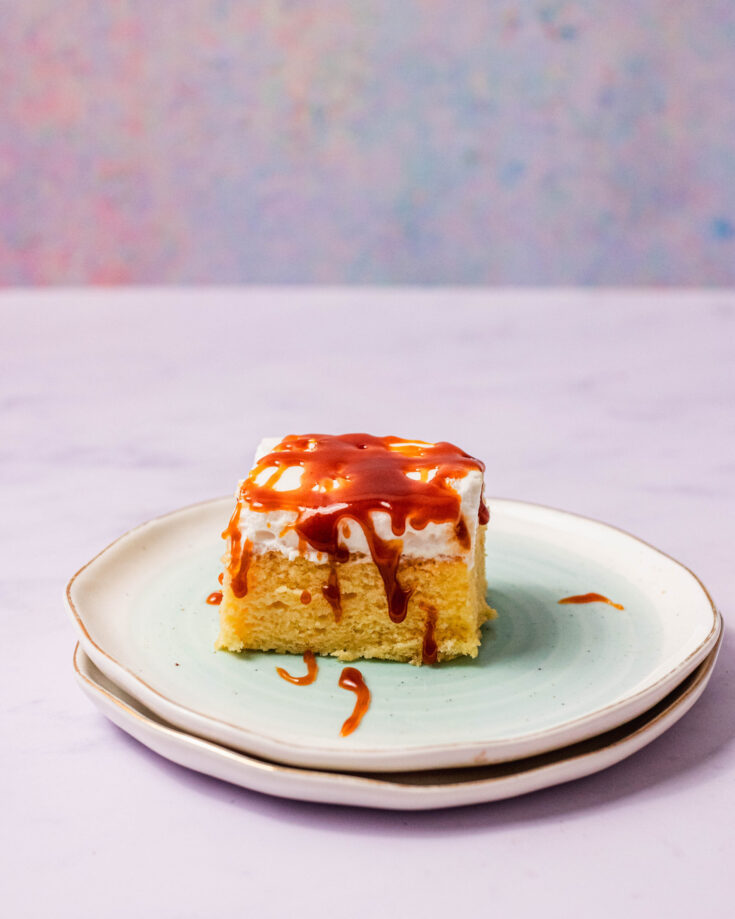 Tresleches cake piece with caramel drizzle