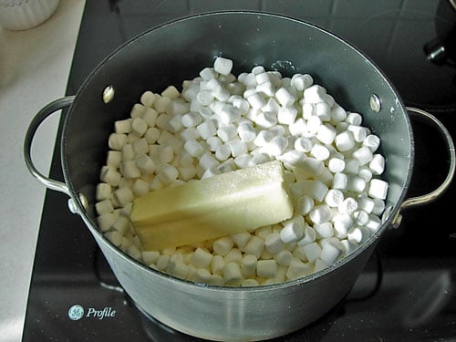 Popcorn-Cake-Cooking on stove Popcorn-Cake ingredients cooking on stovetop.
