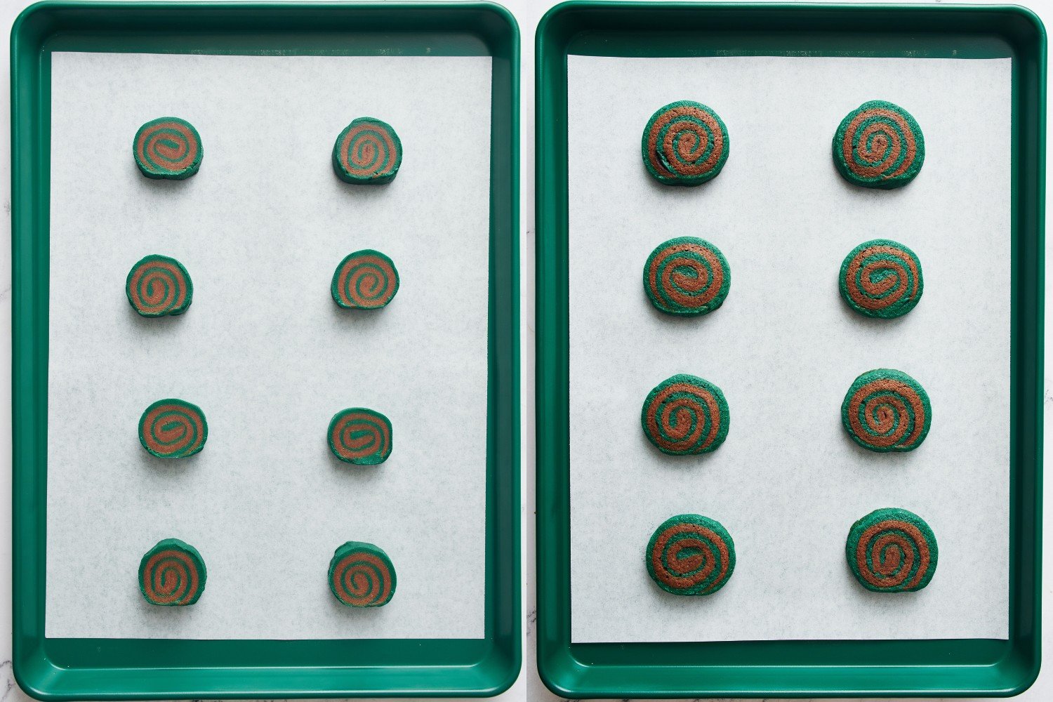 two side-by-side baking trays with pinwheel cookies before and after baking.