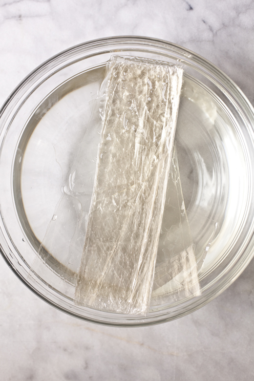 Gelatin sheets submerged in water | how to make homemade marshmallows | photo by Zoë François