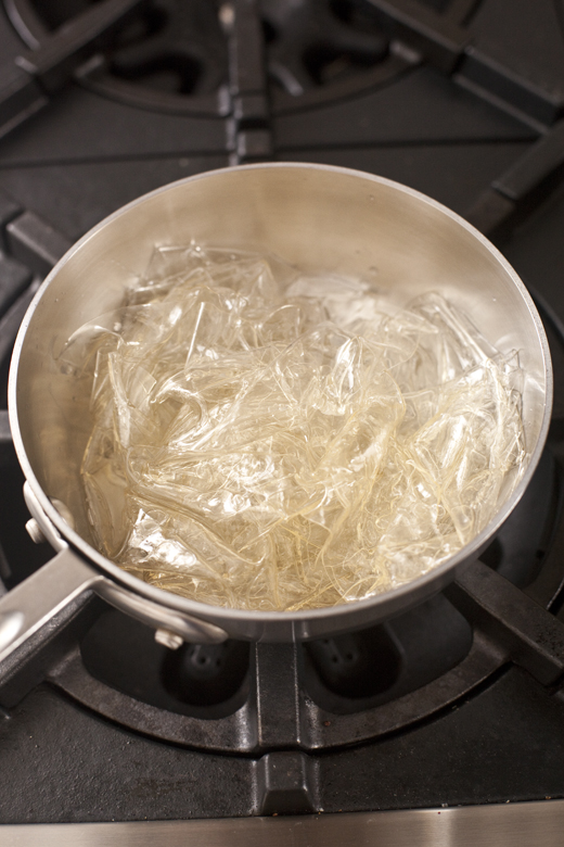 Soaked gelatin sheets in saucepan | how to make homemade marshmallows | photo by Zoë François