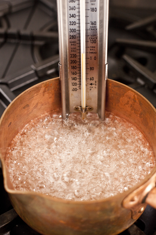 Boiling saucepan with candy thermometer | how to make homemade marshmallows | photo by Zoë François