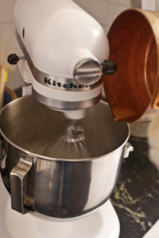 Adding hot sugar syrup to mixer | how to make homemade marshmallows | photo by Zoë François