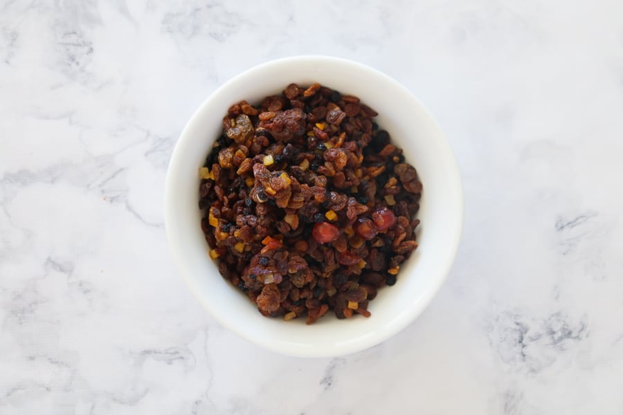 A bowl of mixed dried fruit.