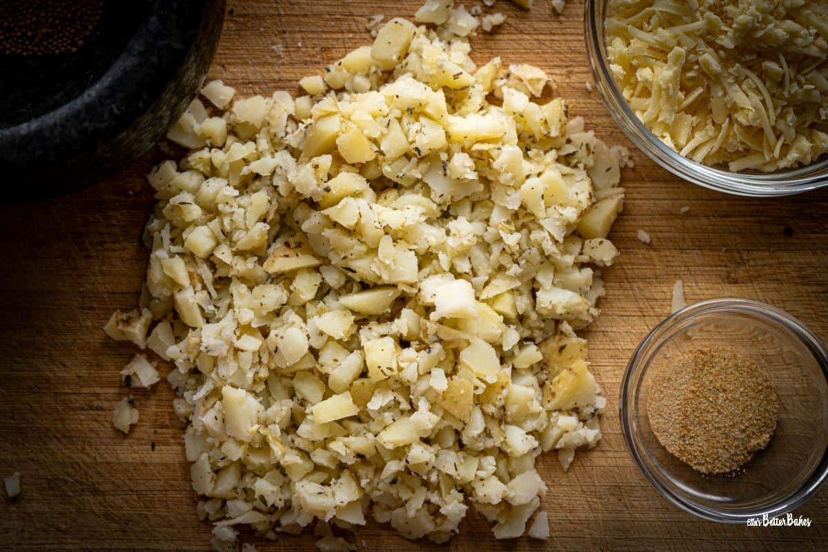 potatoes and thyme chopped up into small pieces