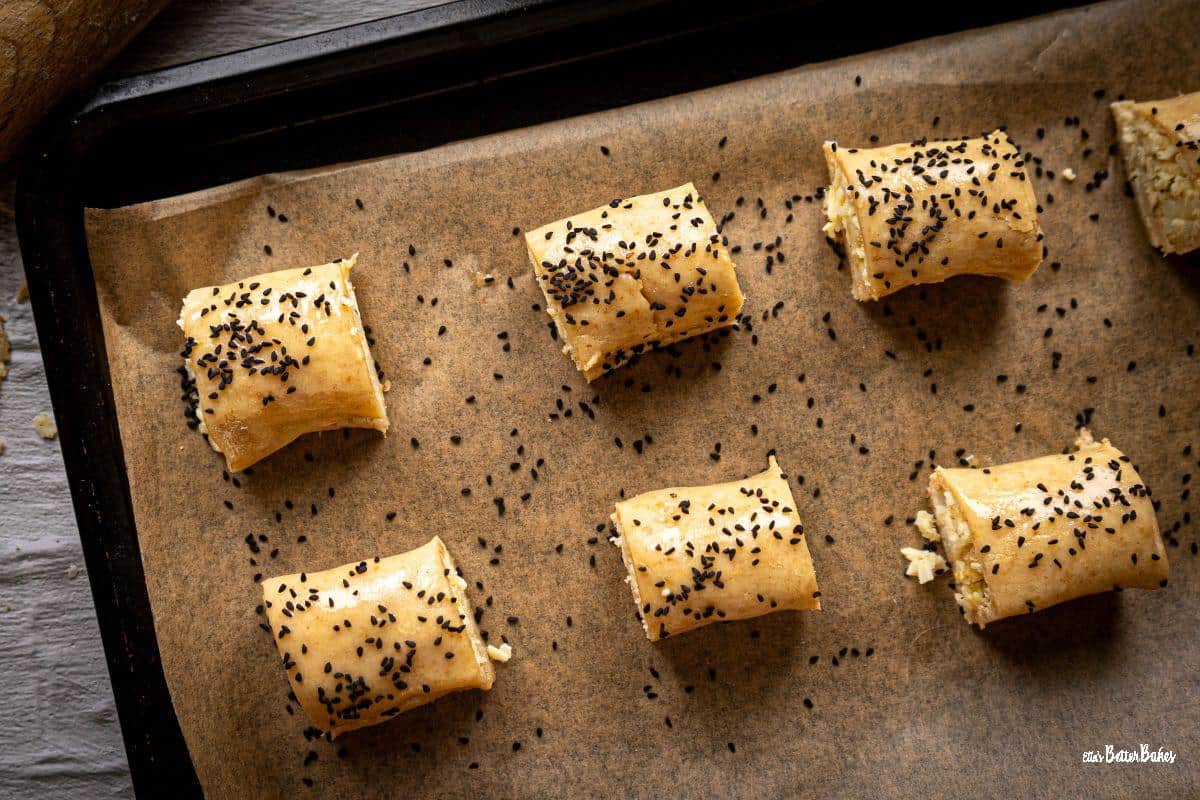 nigella seeds added to cheese and onion rolls 