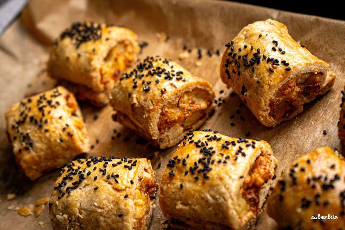 cheese and onion rolls on a baking sheet