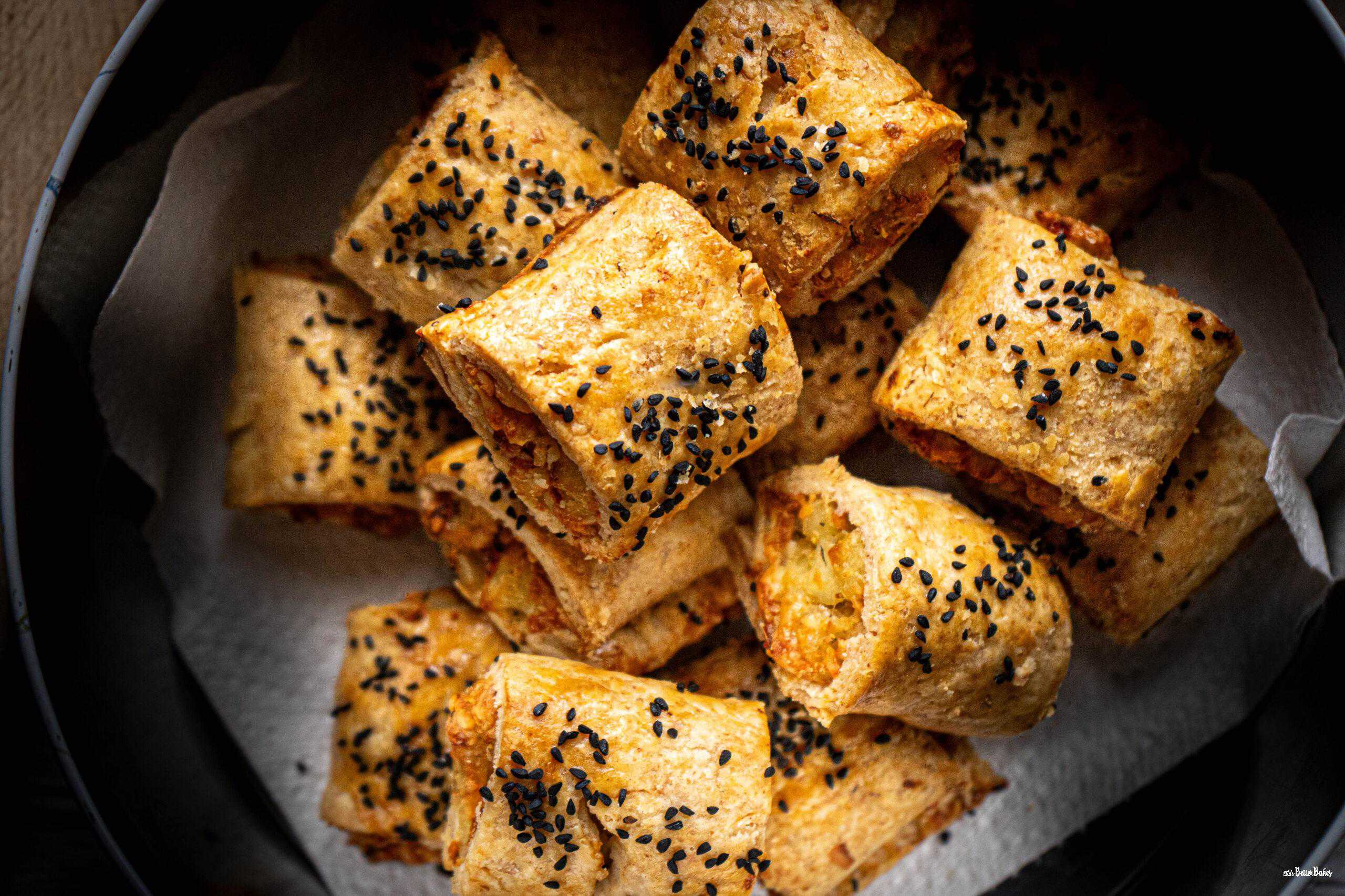 cheese and onion rolls in a tin 