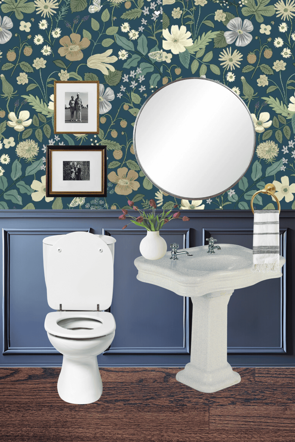 bold powder room design with wallpaper and picture frame molding
