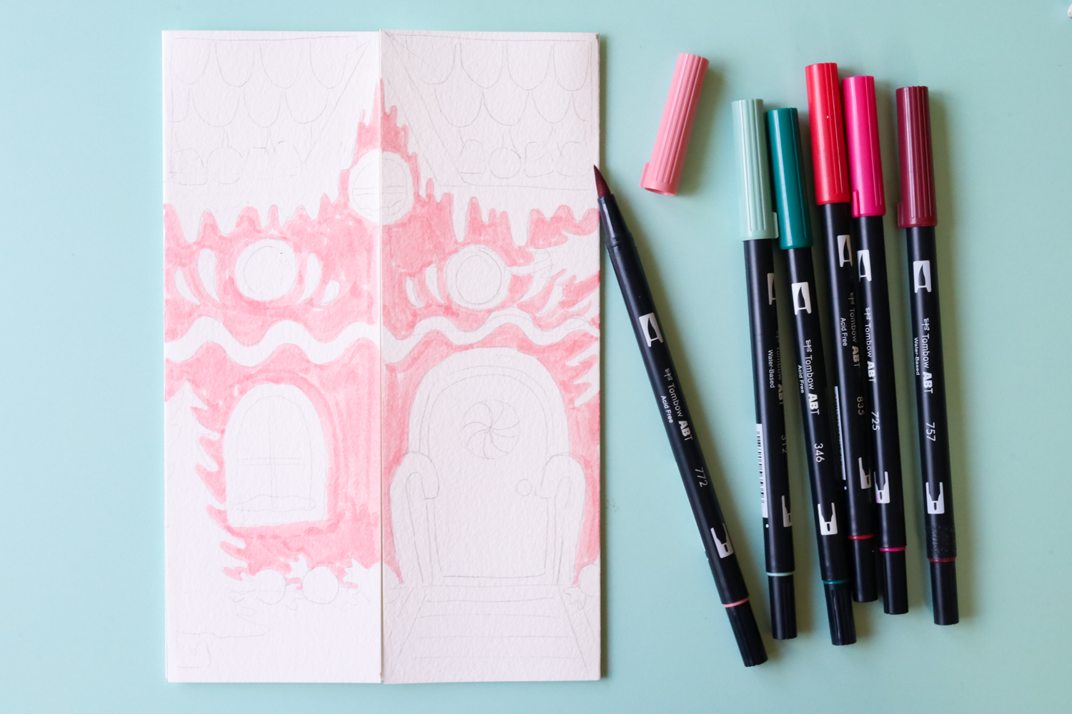 Use your @tombowusa Dual Brush Pens to color in your DIY Advent Calendar gingerbread house book