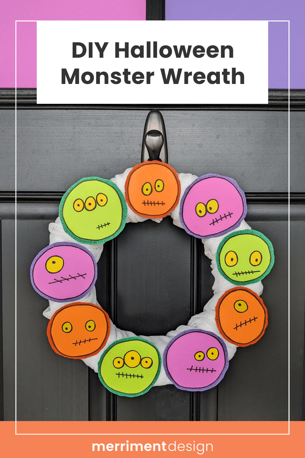 Cute Halloween Monster Wreath Tutorial | DIY Halloween Decorations DIY Halloween Monster Wreath in purple, green, and orange on a black front door