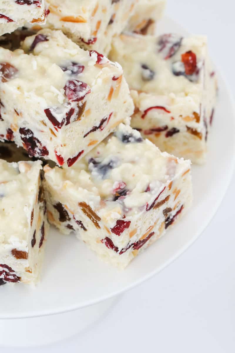 A close up of pieces of White Christmas slice