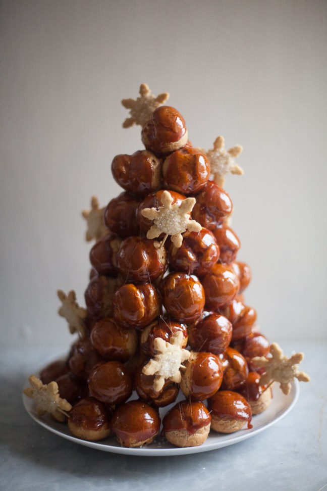 Christmas Croquembouche with Snowflake Cookies and Spun Sugar Garland