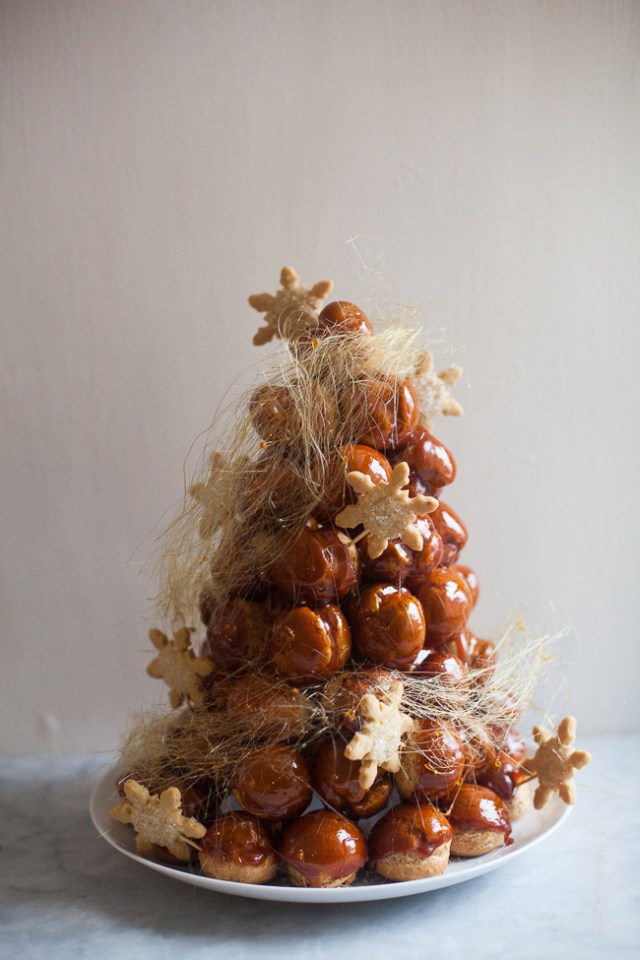 Christmas Croquembouche with Snowflake Cookies and Spun Sugar Garland