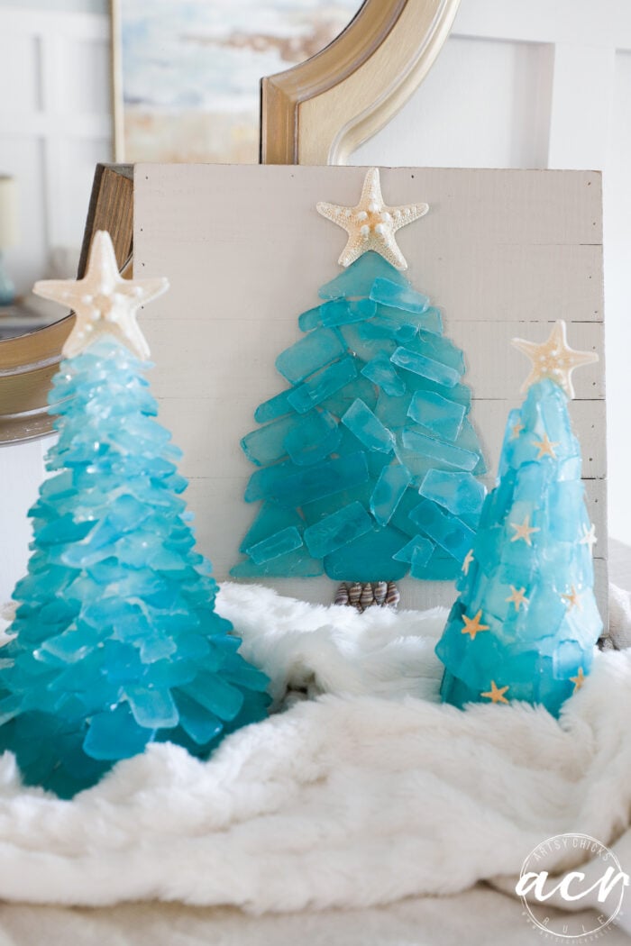 3 aqua sea glass trees