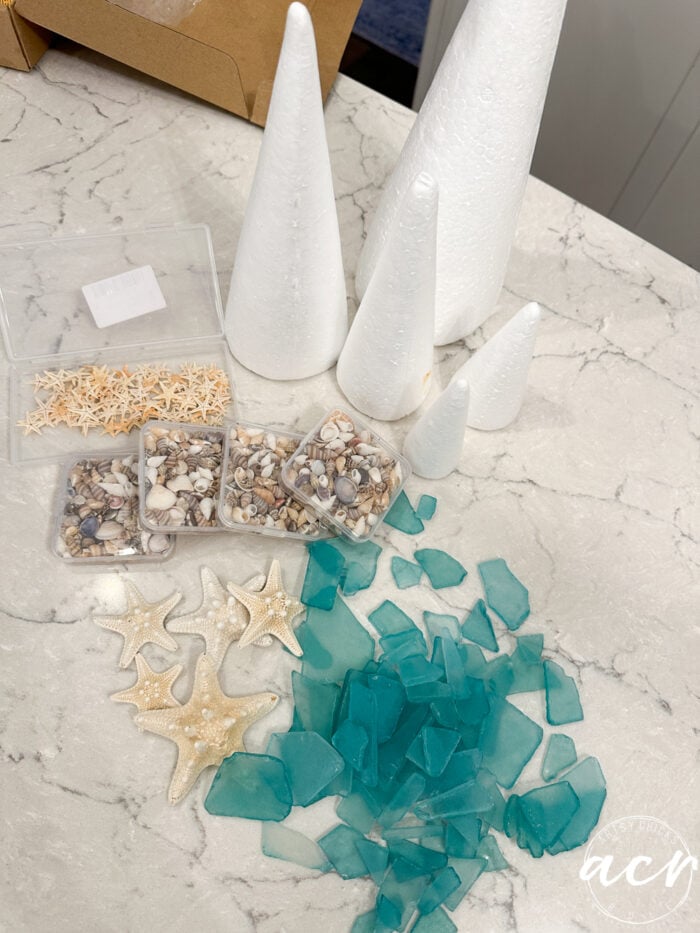 supplies on the counter to make sea glass trees