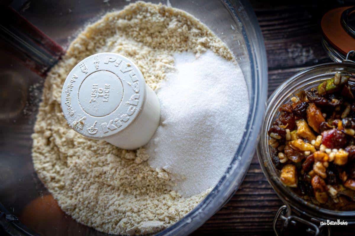 sugar added to pastry mixture in food processor bowl