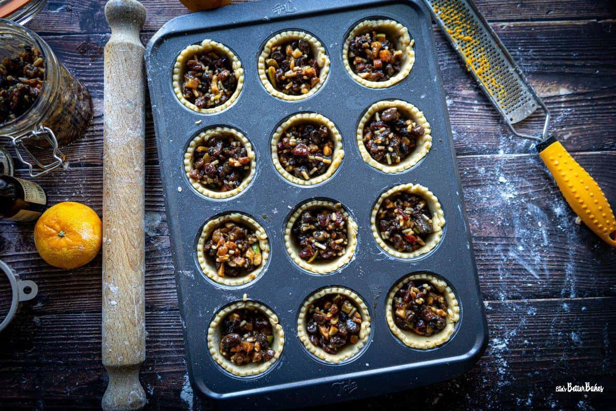pastry circles added to tin and filled w