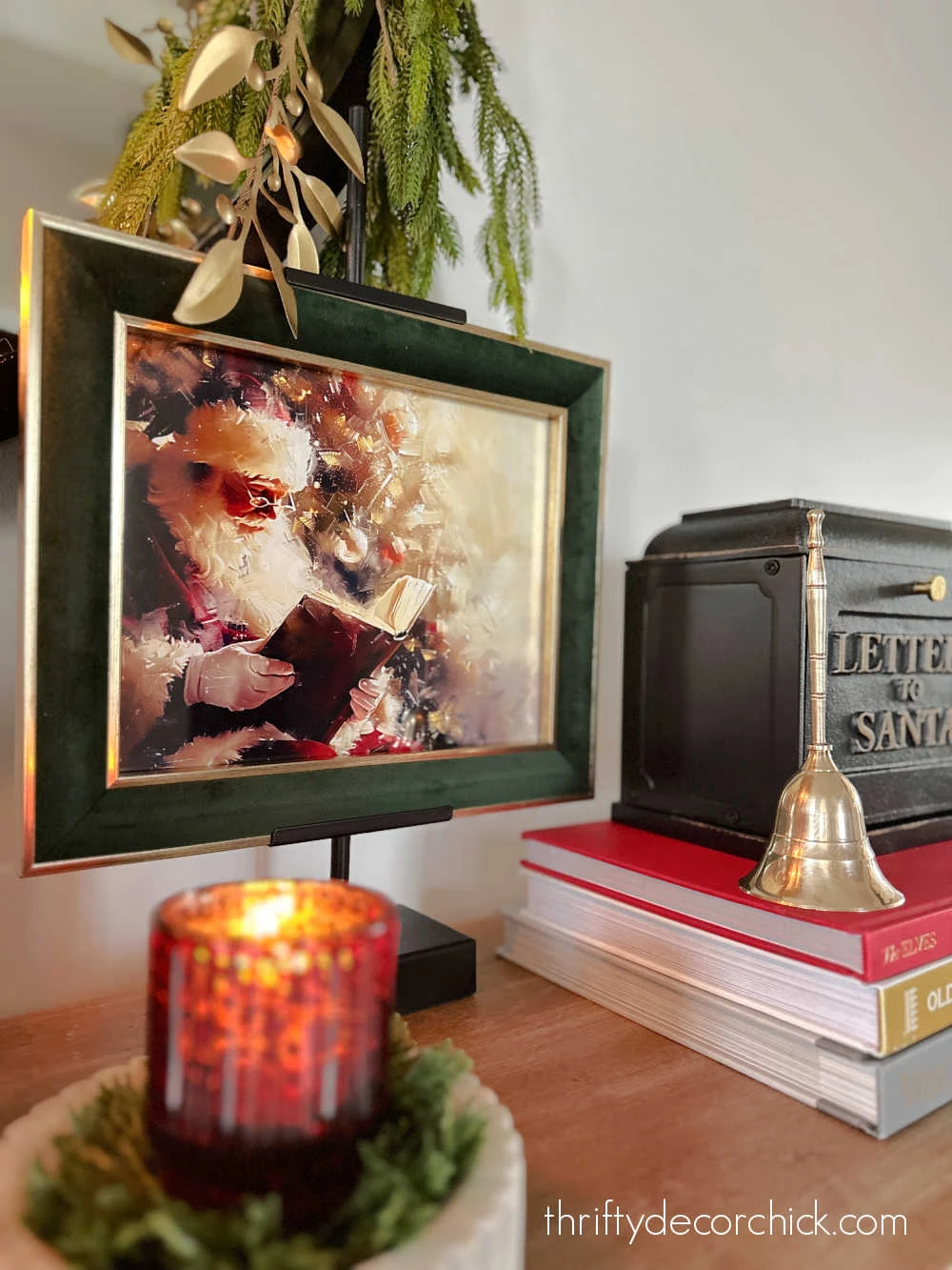 Santa reading art in green frame