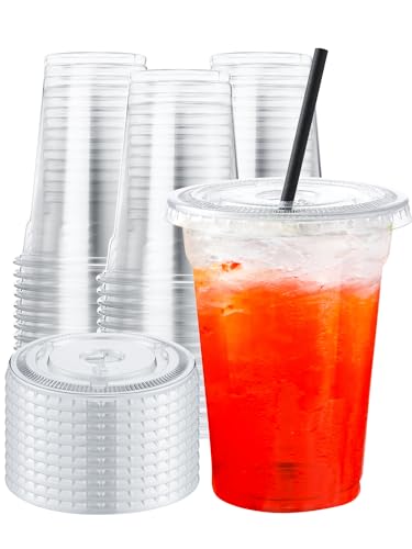 NEEBAKE 150 Sets 9 oz Disposable Plastic Cups With Lids - Clear Drinking Cups, Plastic Cups for Ice Coffee, Smoothie, Cold Drinks