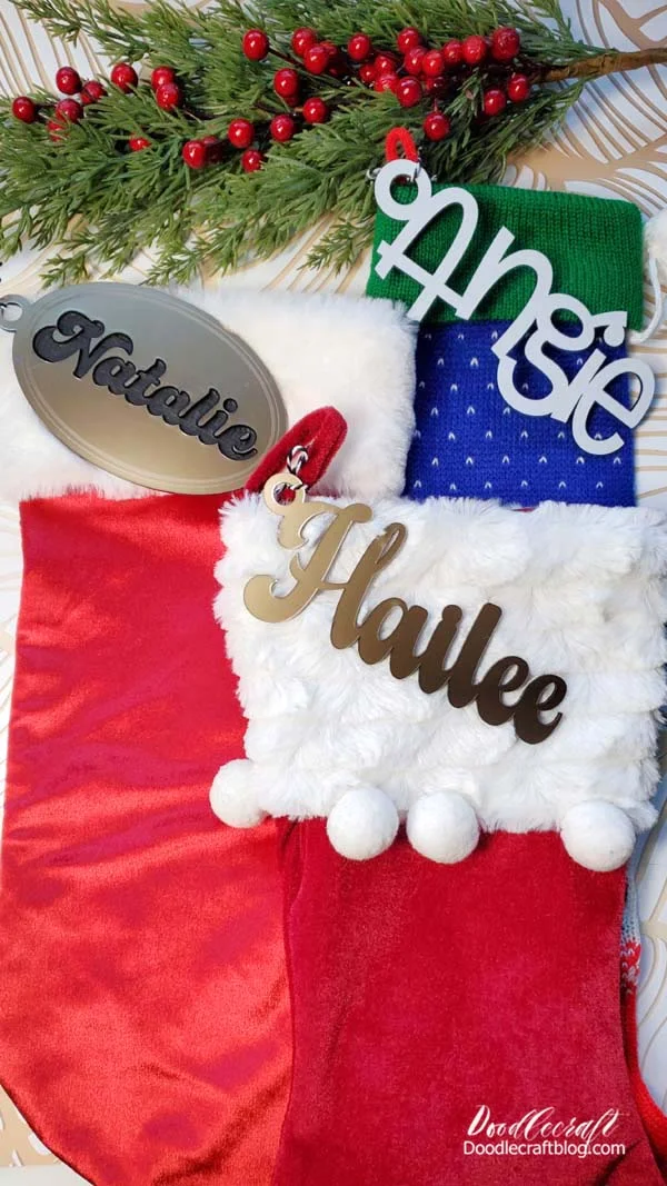 How to Make DIY Personalized Acrylic Stocking Tags These Christmas stocking tags can be added as a fun holiday decor element, added to wrapped presents as gift tags or used to decorate the tree as Christmas ornaments. These DIY stocking tags can be made of multiple materials, wood, leather or acrylic and decorated multiple ways. I am going to show you the step by step tutorial for simple acrylic for my initial tags and maybe I'll get more exotic next year.