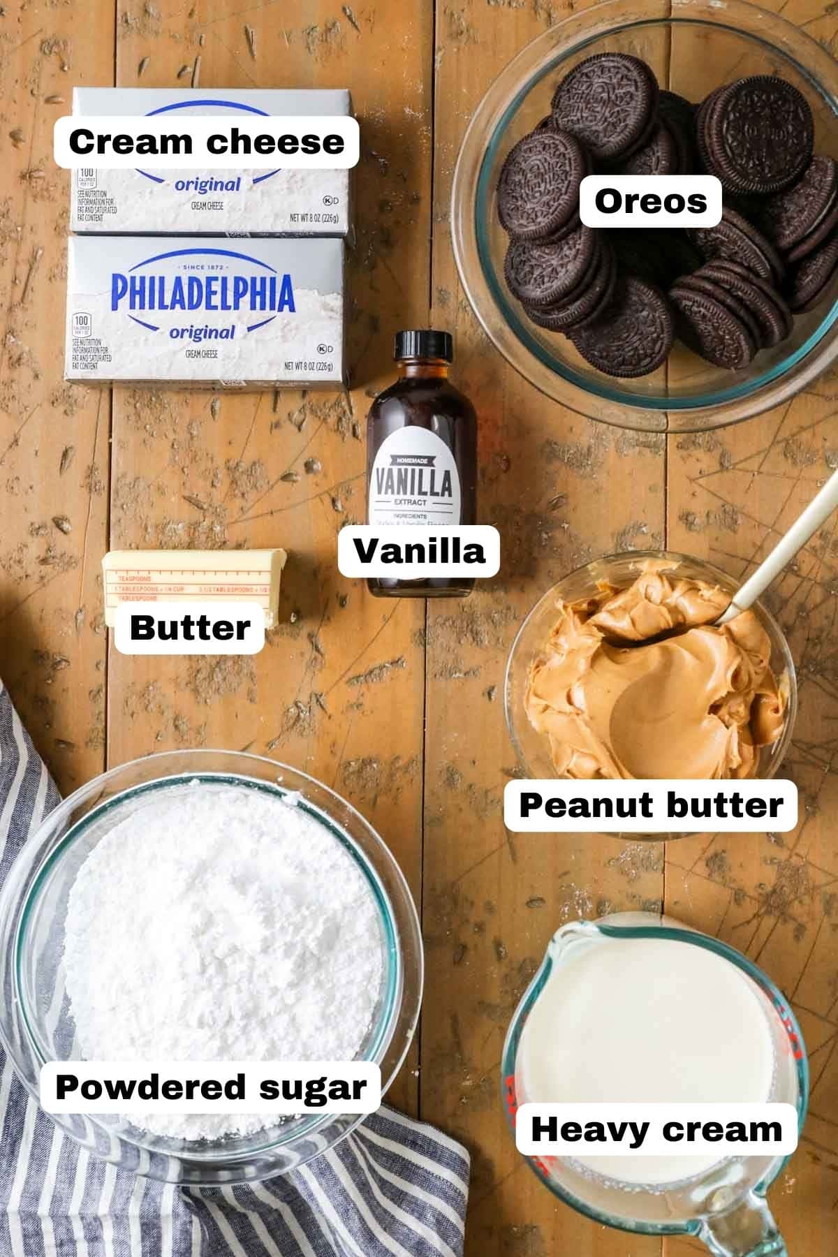 Overhead view of ingredients including Oreos, cream cheese, peanut butter and more.