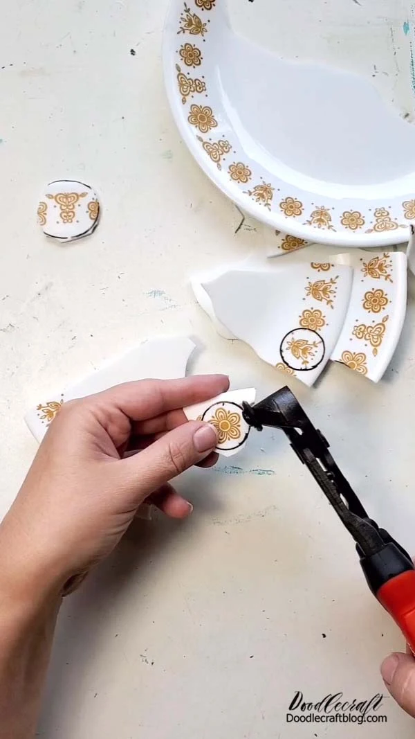 How to Make Corelle Plate Necklace Jewelry DIY! Cut each circle out as close to the marker outline as possible. Save the extra pieces for a mosaic if you want to!