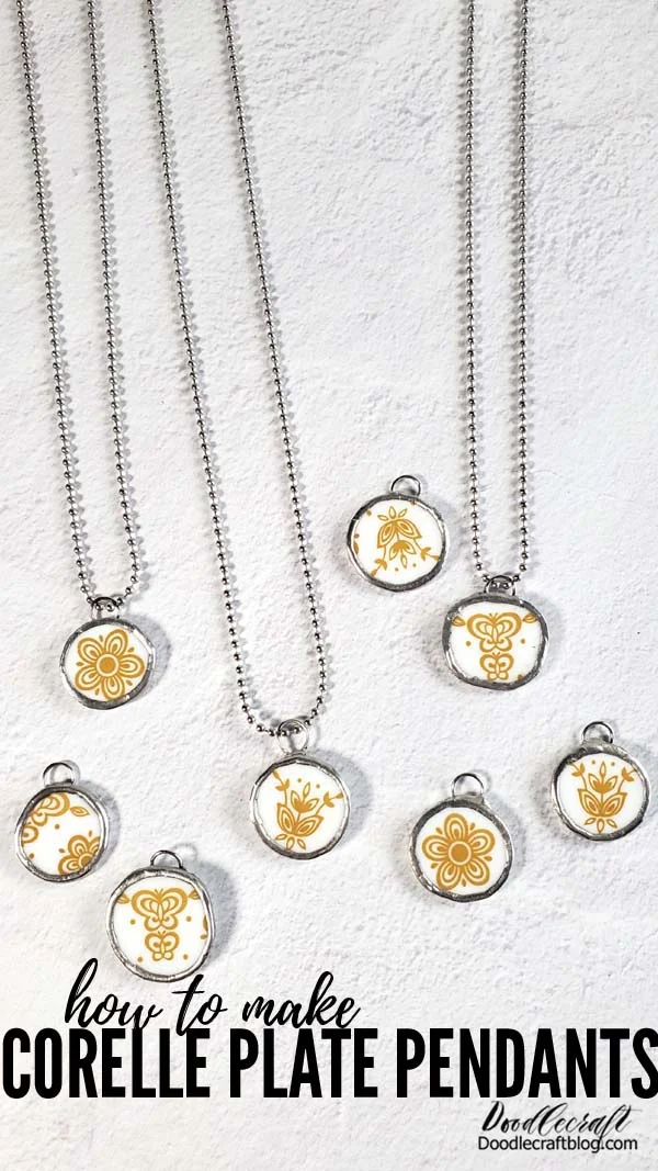 How to Make Corelle Plate Necklace Jewelry DIY! Upcycle an old cracked Corelle Butterfly Gold plate into wearable works of art! These plate pendants are perfect for necklaces, could be glued onto rings, attached to keychain hardware or tied with a ribbon and hung on the Christmas tree. Make a bunch for handmade gifts for your nostalgic family and friends--everyone had a Corelle pattern they love, right!?