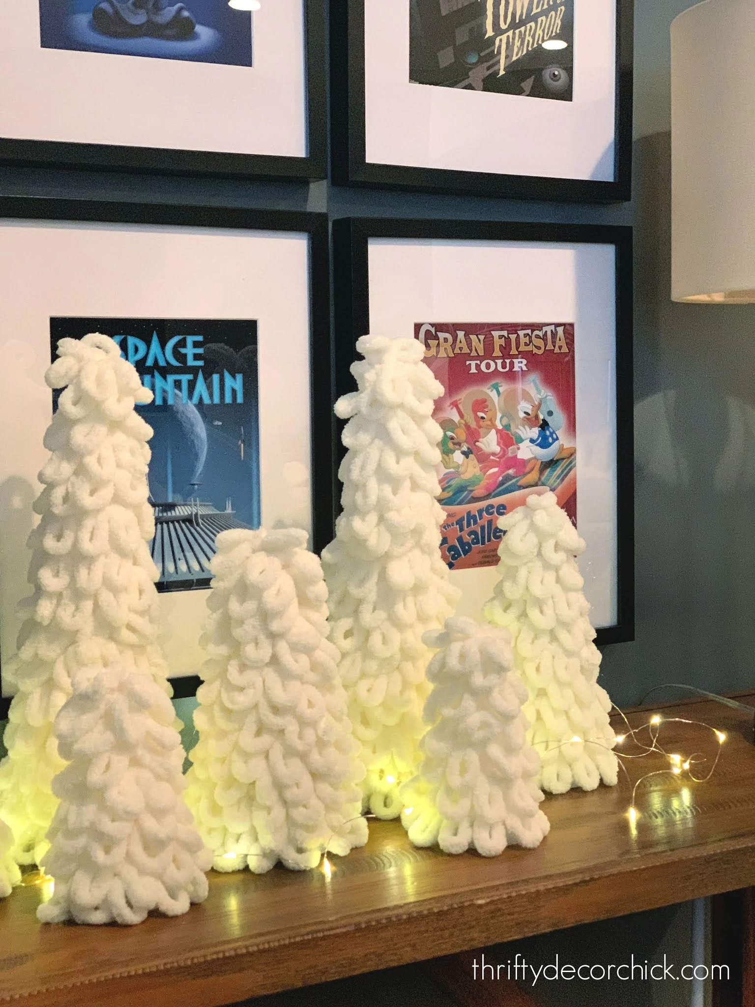Fluffy yarn trees with fairy lights