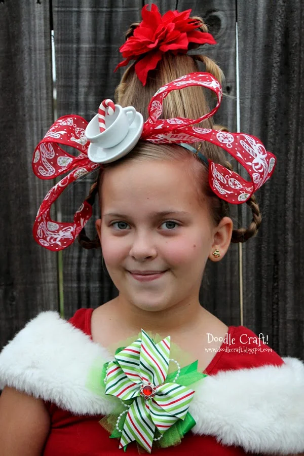 Dress up and do your hair like Cindy Lou Who from Dr. Seuss How the Grinch Stole Christmas book. This cute hairstyle is perfect for Christmas cards, small family parties or just for fun!