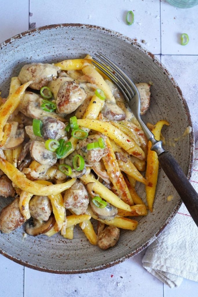 Sausage Stroganoff with Potato Noodles (Schupfnudeln)