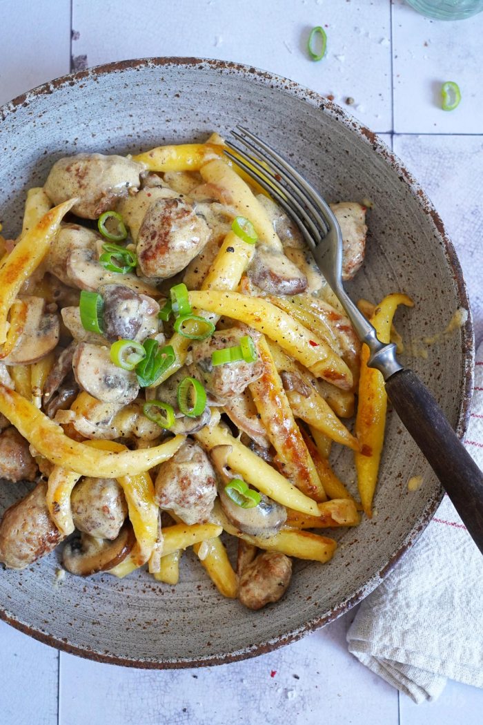 Sausage Stroganoff with Potato Noodles (Schupfnudeln)